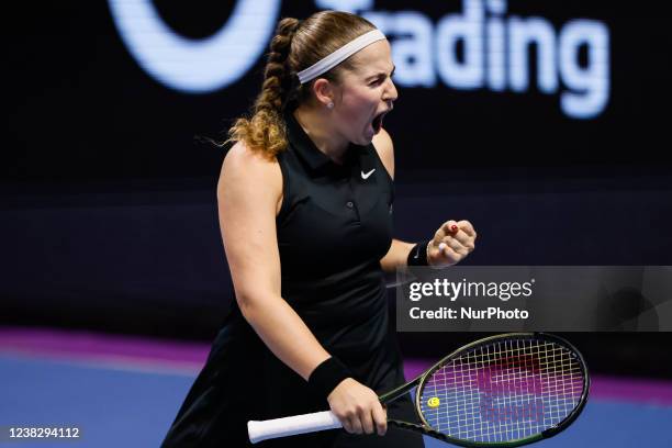 Jelena Ostapenko of Latvia celebrates victory over Xinyu Wang of China during the women's singles Round of 32 match of the WTA 500 St. Petersburg...