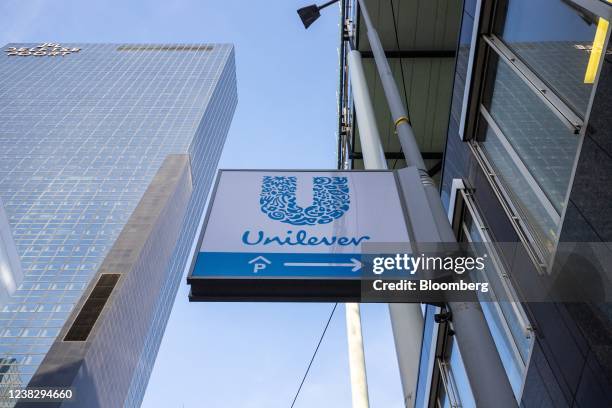 Signage for Unilever Plc at the company's headquarters in Rotterdam, Netherlands, on Tuesday, Feb. 8, 2022. Unilever Chief Executive Officer Alan...