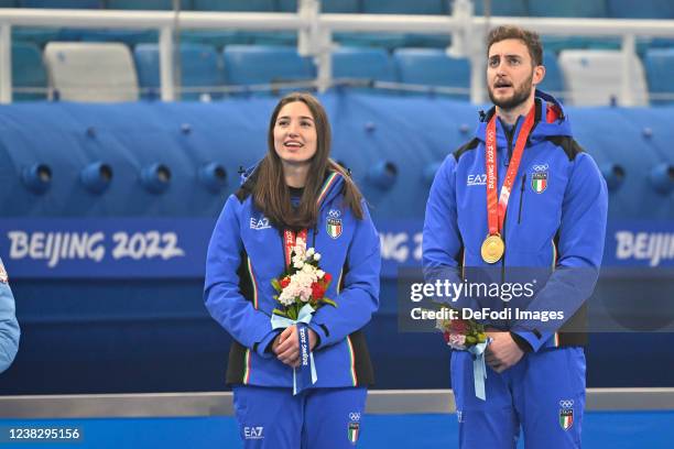 Stefanie Constantini of Italy and Amos Mosaner of Italy celebrate after the Mixed Doubles Gold Medal Game Results - Olympic Curling - Italy vs Norway...