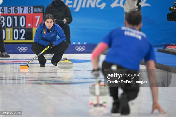 Stefania Constantini of Italy looks on at the Mixed Doubles Gold Medal Game Results - Olympic Curling - Italy vs Norway during the Beijing 2022...