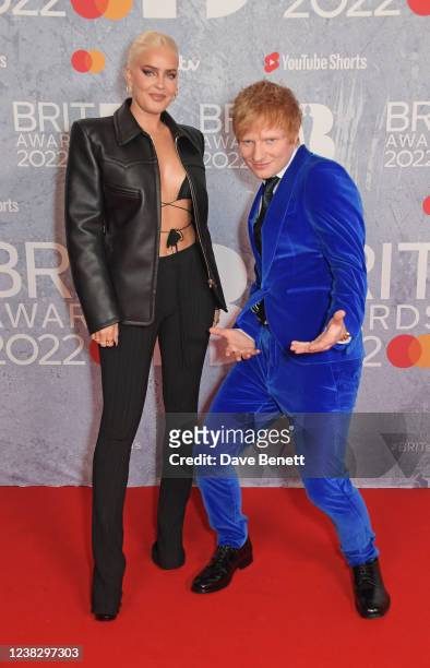 Anne-Marie and Ed Sheeran arrive at The BRIT Awards 2022 at The O2 Arena on February 8, 2022 in London, England.