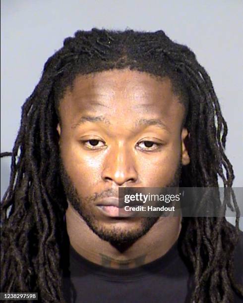 In this handout photo provided by the Las Vegas Metropolitan Police Department on February 6 New Orleans Saints running back Alvin Kamara is seen in...