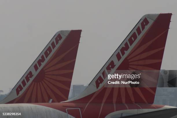 An Air India aircraft airlines parked at the Netaji Subhash Chandra Bose International Airport in Kolkata,India on February 08,2022.
