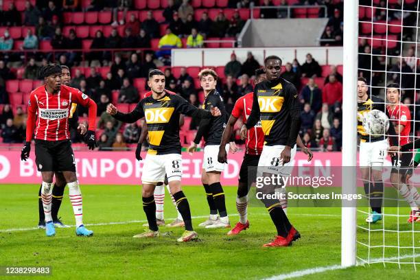 Noni Madueke of PSV scores the first goal to make it 1-0 during the Dutch KNVB Beker match between PSV v NAC Breda at the Philips Stadium on February...