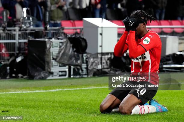 Noni Madueke of PSV celebrates 1-0 during the Dutch KNVB Beker match between PSV v NAC Breda at the Philips Stadium on February 8, 2022 in Eindhoven...