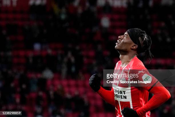 Noni Madueke of PSV celebrates 1-0 during the Dutch KNVB Beker match between PSV v NAC Breda at the Philips Stadium on February 8, 2022 in Eindhoven...