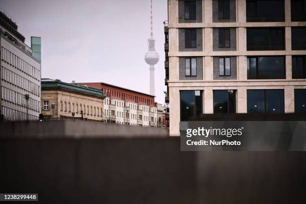 The Berlin TV Tower is seen with the Holocaust Memorial in the foreground in Berlin, Germany on 07 February, 2022.