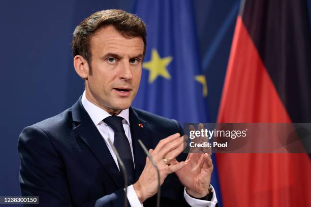 French President Emmanuel Macron speaks to the media ahead of a Weimar Triangle meeting to discuss the ongoing Ukraine crisis on February 8, 2022 in...