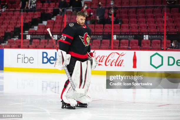 Ottawa Senators Goalie Matt Murray stands for the national anthems before National Hockey League action between the New Jersey Devils and Ottawa...