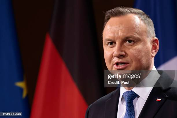 Polish President Andrzej Duda speaks to the media ahead of a Weimar Triangle meeting to discuss the ongoing Ukraine crisis on February 8, 2022 in...