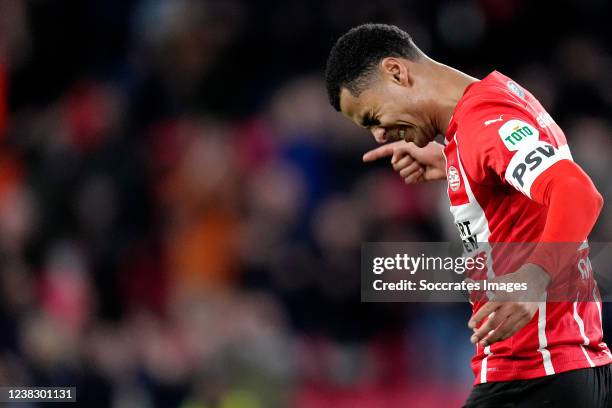 Cody Gakpo of PSV celebrates 4-0 during the Dutch KNVB Beker match between PSV v NAC Breda at the Philips Stadium on February 8, 2022 in Eindhoven...