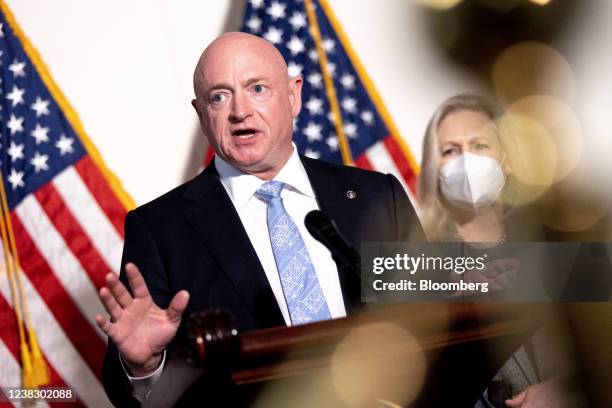 Senator Mark Kelly, a Democrat from Arizona, speaks at a news conference following the weekly Democratic caucus luncheon on Capitol Hill in...