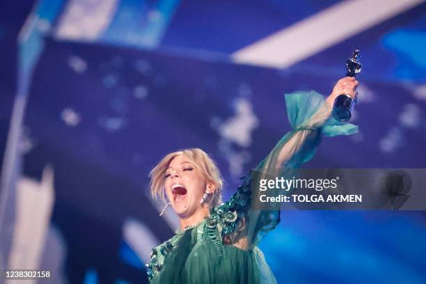 British singer and songwriter Rebecca Claire Hill aka Becky Hill celebrates after receiving the best dance artist of the year award during the BRIT...