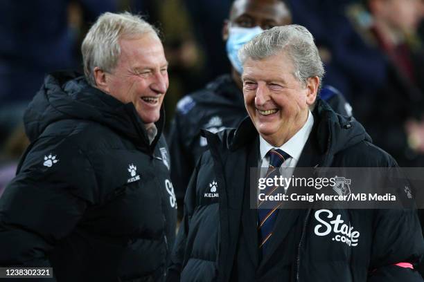 Watford manager Roy Hodgson and his assistant Ray Lewington share a joke ahead of the Premier League match between West Ham United and Watford at...