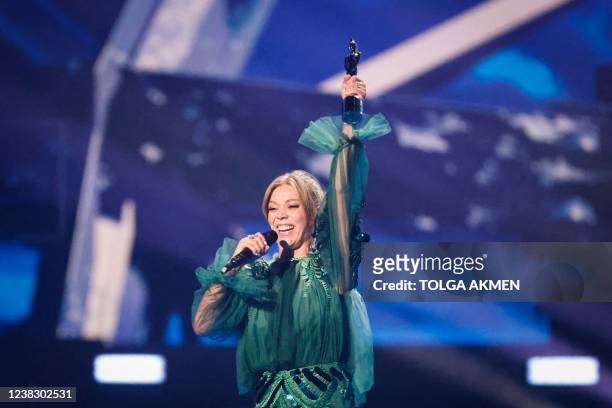 British singer and songwriter Rebecca Claire Hill aka Becky Hill celebrates after receiving the best dance artist of the year award during the BRIT...