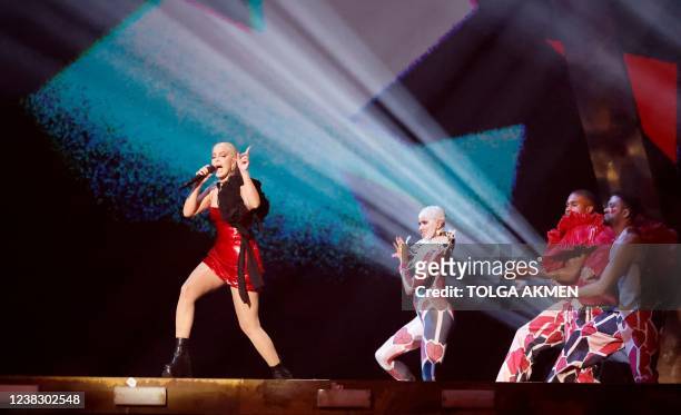 British singer Anne-Marie Rose Nicholson aka Anne-Marie performs on stage during the BRIT Awards 2022 ceremony and live show, in London, on February...