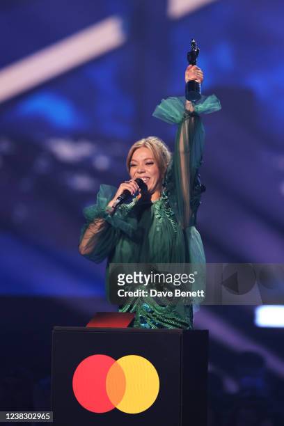 Becky Hill, accepting the Best Dance Act award, at The BRIT Awards 2022 at The O2 Arena on February 8, 2022 in London, England.