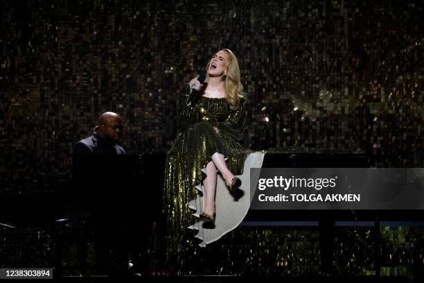 British singer Adele Laurie Blue Adkins aka Adele performs on stage during the BRIT Awards 2022 ceremony and live show, in London, on February 8,...