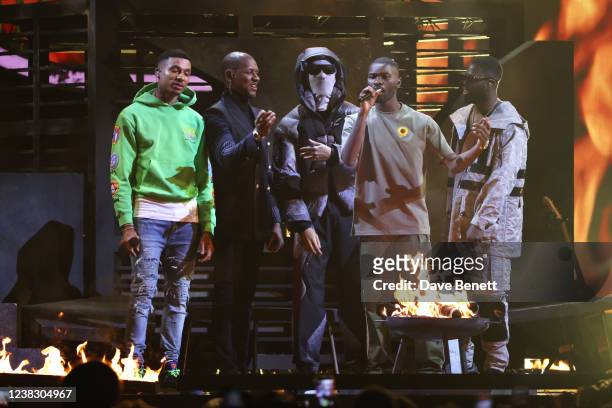 Fredo, Giggs, Meekz, Dave and Ghetts perform at The BRIT Awards 2022 at The O2 Arena on February 8, 2022 in London, England.
