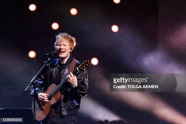 British singer and songwriter Edward Christopher Sheeran aka Ed Sheeran performs on stage during the BRIT Awards 2022 ceremony and live show, in...