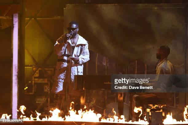 Ghetts and Dave perform at The BRIT Awards 2022 at The O2 Arena on February 8, 2022 in London, England.