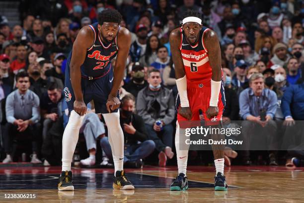 Joel Embiid of the Philadelphia 76ers and Montrezl Harrell of the Washington Wizards looks on during the game on February 2, 2022 at the Wells Fargo...