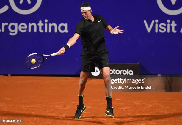 Juan Martin Del Potro hits a forehand during a match against Federico Delbonis of Argentina at Buenos Aires Lawn Tennis Club on February 8, 2022 in...