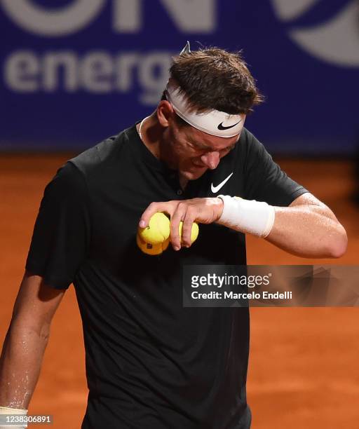 Juan Martin Del Potro cries during a match against Federico Delbonis of Argentina at Buenos Aires Lawn Tennis Club on February 8, 2022 in Buenos...