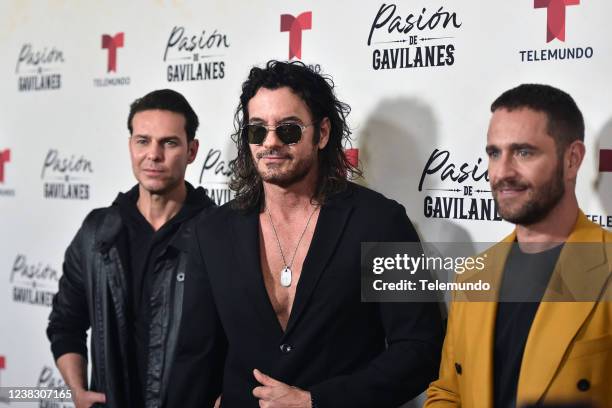 Pictured: Juan A. Baptisa, Mario Cimarro, Michel Brown at The London West Hollywood Hotel on February 7, 2022 --