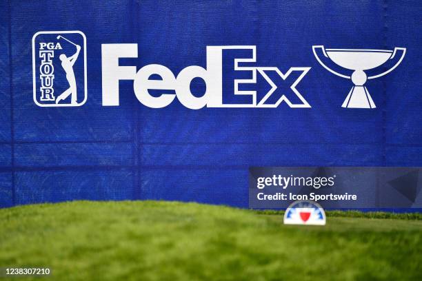 Sign for the FedEx cup during the first round of the Farmers Insurance Open golf tournament at Torrey Pines Municipal Golf Course on January 26, 2022.