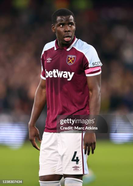 Kurt Zouma of West Ham United during the Premier League match between West Ham United and Watford at London Stadium on February 8, 2022 in London,...