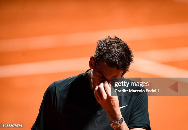 Juan Martin Del Potro cries after losing a match against Federico Delbonis of Argentina at Buenos Aires Lawn Tennis Club on February 8, 2022 in...