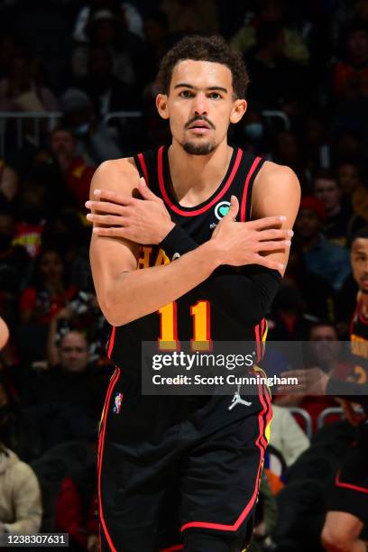 Trae Young of the Atlanta Hawks celebrates during the game against the Indiana Pacers on February 8, 2022 at State Farm Arena in Atlanta, Georgia....