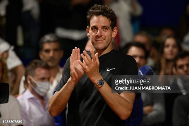 Argentine tennis player Juan Martin Del Potro acknowledges the crowd after loosing against Argentine Federico Delbonis during the ATP 250 Argentina...