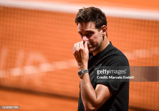 Juan Martin Del Potro cries after losing a match against Federico Delbonis of Argentina at Buenos Aires Lawn Tennis Club on February 8, 2022 in...