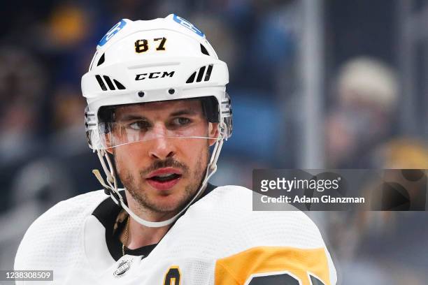 Sidney Crosby of the Pittsburgh Penguins looks on during a game against the Boston Bruins at TD Garden on February 8, 2022 in Boston, Massachusetts.