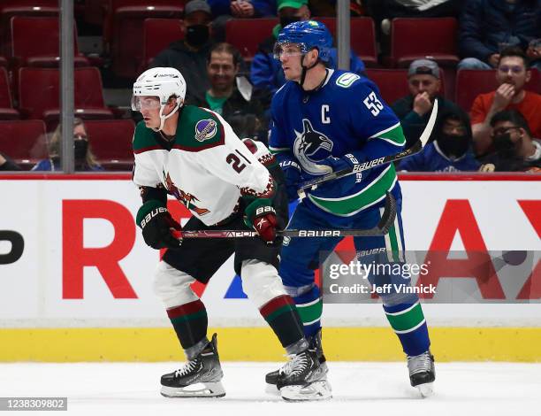 Bo Horvat of the Vancouver Canucks checks Loui Eriksson of the Arizona Coyotes during their NHL game at Rogers Arena February 8, 2022 in Vancouver,...