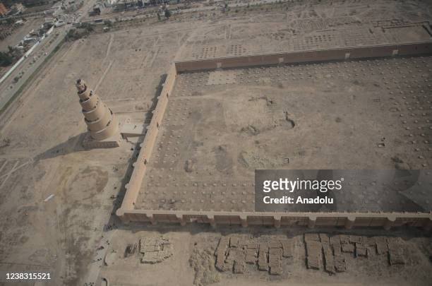 An aerial view of the Malwiya Tower, the minaret of the Great Mosque of Samarra, in Samarra, Iraq on February 4, 2022. The city of Samarra was...