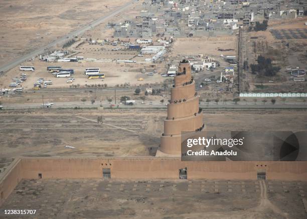 An aerial view of the Malwiya Tower, the minaret of the Great Mosque of Samarra, in Samarra, Iraq on February 4, 2022. The city of Samarra was...