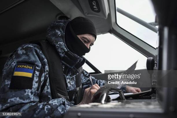 Ukrainian Maritime Guard are seen on the Sea of Azov off the coast of Mariupol, Ukraine on February 9, 2022