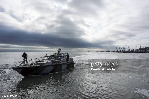 Ukrainian Maritime Guard are seen on the Sea of Azov off the coast of Mariupol, Ukraine on February 9, 2022