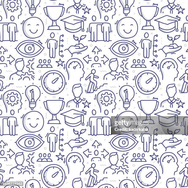 best and practice skill doodle seamless pattern and line icons - learning objectives text stock illustrations