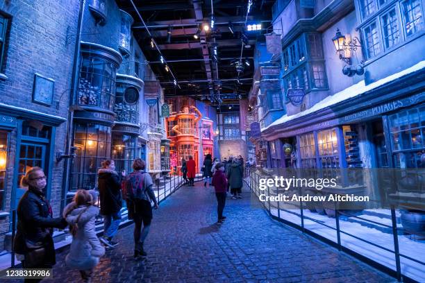 The set of Diagon Alley, the cobblestone wizarding alley at Warner Bros studio tour, The Making of Harry Potter on the 27th of November 2021 in...