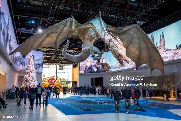 Ukrainian Iron belly, the dragon from Gringotts bank in Deathly Hallows part 1 film greets the public in the main entrance at Warner Bros studio...