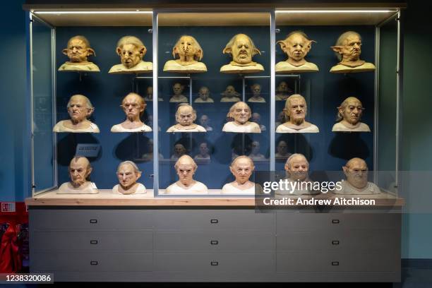 Prosthetic head and shoulders of the goblins of Gringotts Wizarding Bank on display at Warner Bros studio tour, The Making of Harry Potter on the...