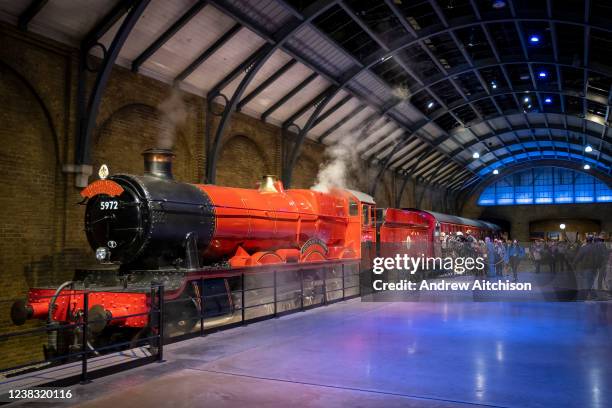 The bright red Hogwarts Express at Warner Bros studio tour, The Making of Harry Potter on the 27th of November 2021 in Watford, London, United...