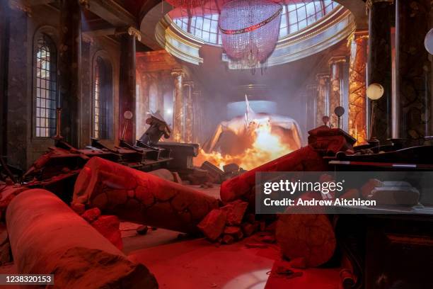 The set where a Ukrainian Iron belly dragon destroys Gringotts Wizarding Bank in Deathly Hallows part 1 at Warner Bros studio tour, The Making of...