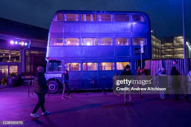 The triple decker Knight bus in the dark outside Privet Drive at Warner Bros studio tour, The Making of Harry Potter on the 27th of November 2021 in...