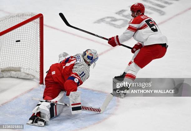 Denmark's Frederik Nissen scores a goal past Czech Republic's goaltender Patrik Bartosak during their men's preliminary round group B match of the...