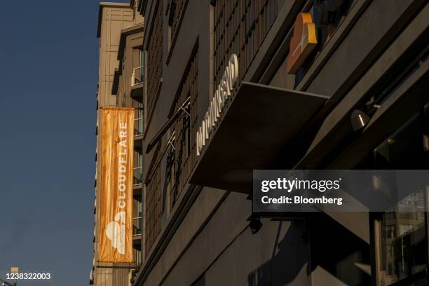 Signage outside the Cloudflare headquarters in San Francisco, California, U.S., on Tuesday, Feb. 8, 2022. Cloudflare Inc. Is expected to release...